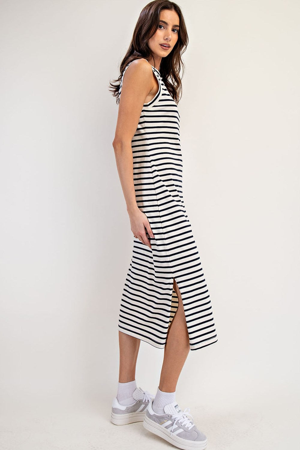 striped casual midi dress Summerlyn White Striped Midi Dress