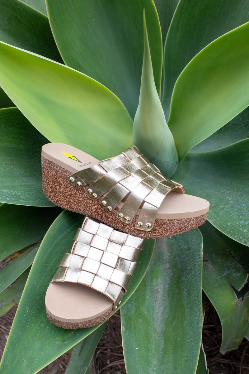 Volatile Enoki Braided Gold Wedge Sandal – Blue Louis Boutique