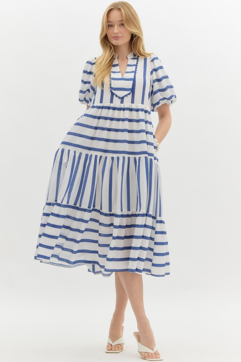 knee length dresses for ladies Navy blue and white vertical stripe tie waist dress main image 0