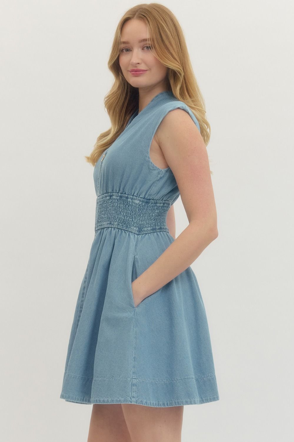 denim smocked mini dress Denim Smocked Mini Dress L