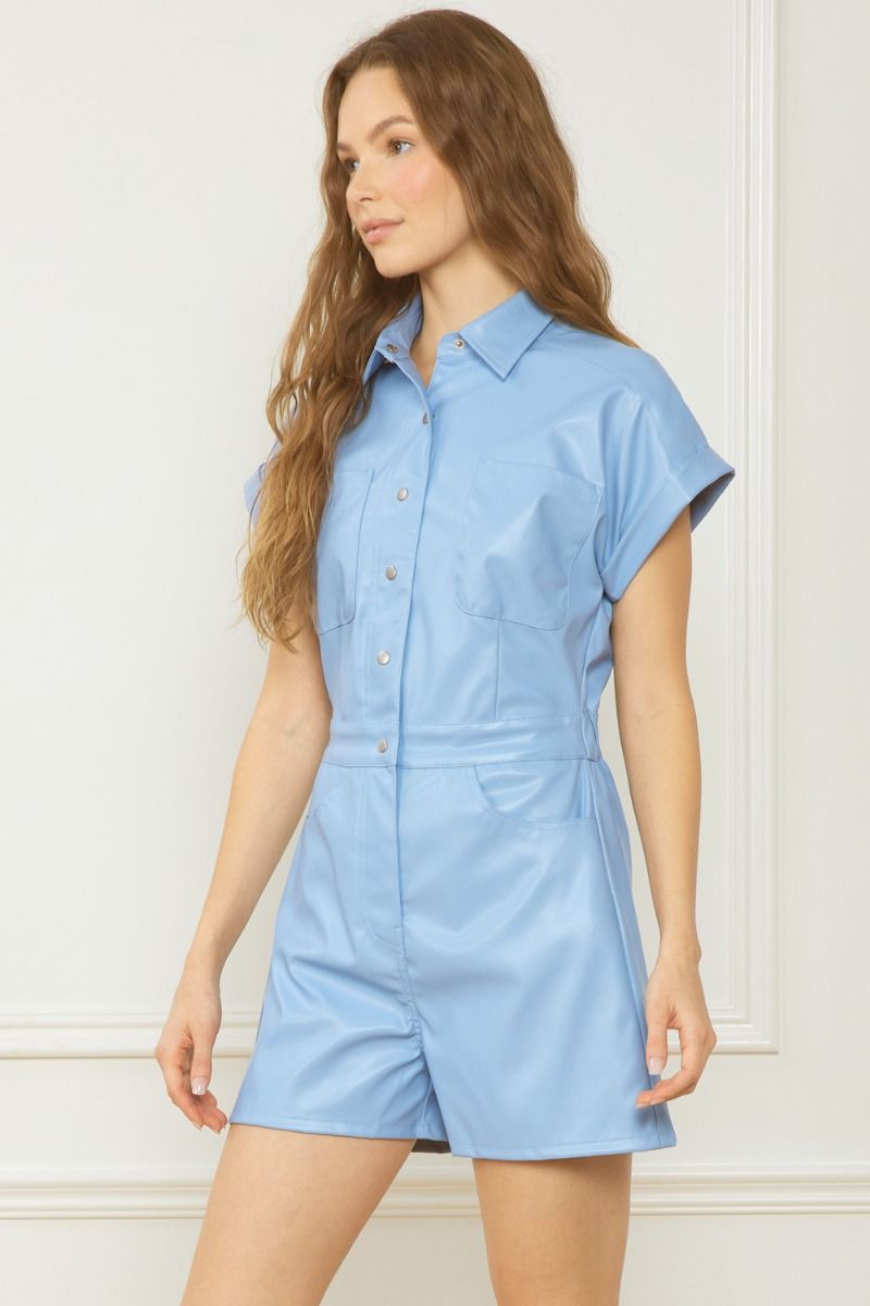 The True Blue Faux Leather Utility Romper – Blue Louis Boutique