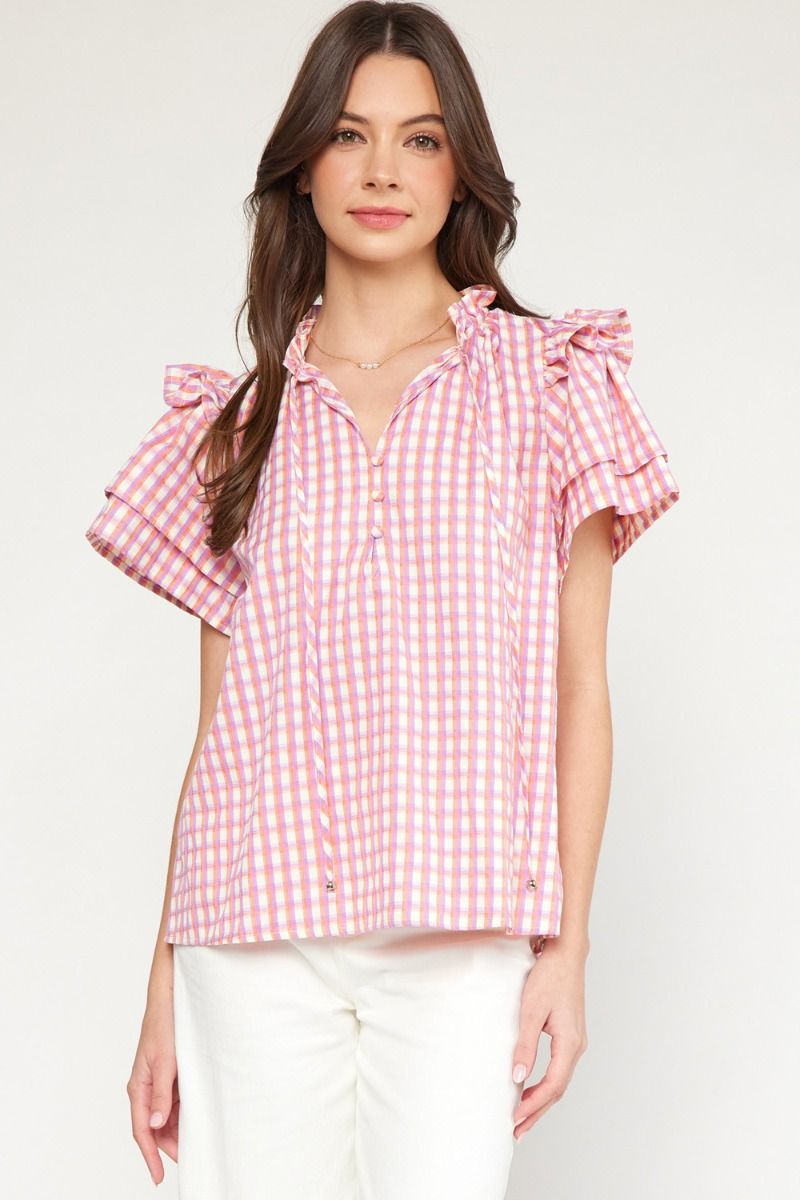 gingham ruffle sleeve top